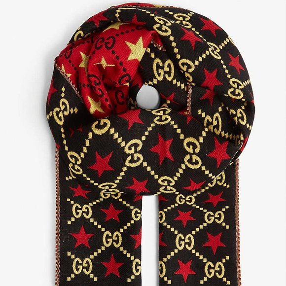 Gucci GG Stars Scarf in Black and Red NEW WITH TAGS - Picture 1 of 12